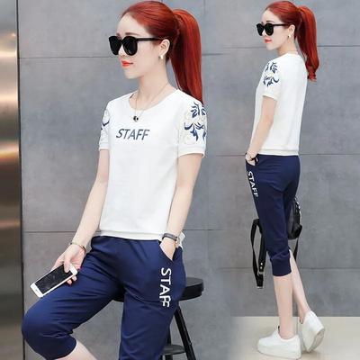 Women's Summer Sportswear Suit Casual Short-sleeved Top + Seven Pants Two-piece Set