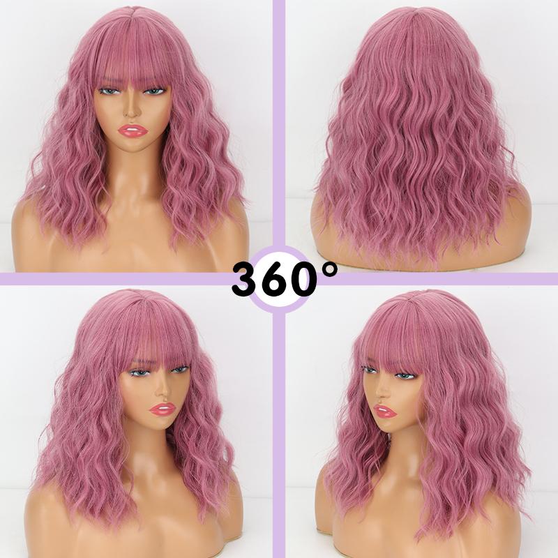 MISSQUEEN Helllila Farbe Kunstfaser schulterlange natürliche gewellte Perücke mit Pony Cosplay Alltagskleidung Mode kurze gewellte Perücke