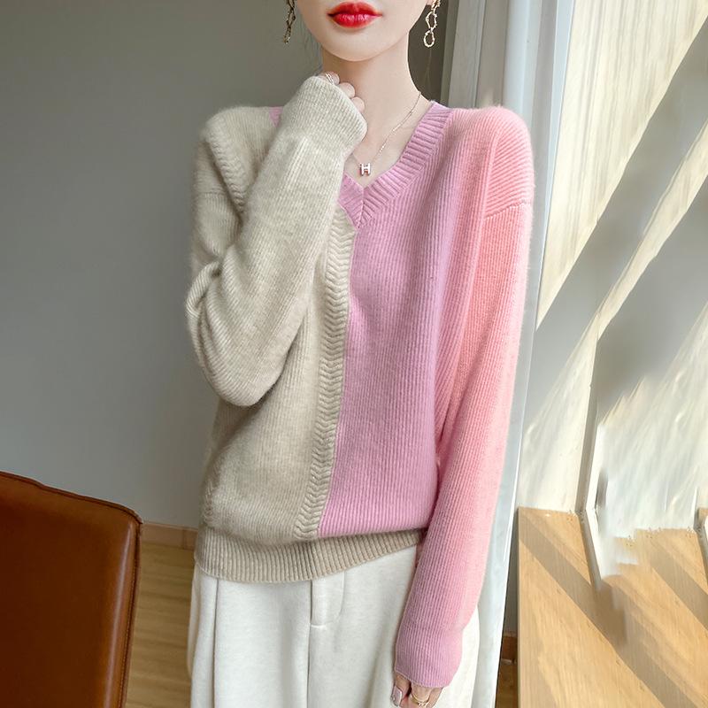 Women's V-Neck Color Block Long Sleeve Pure Wool Sweater - Autumn/Winter Collection