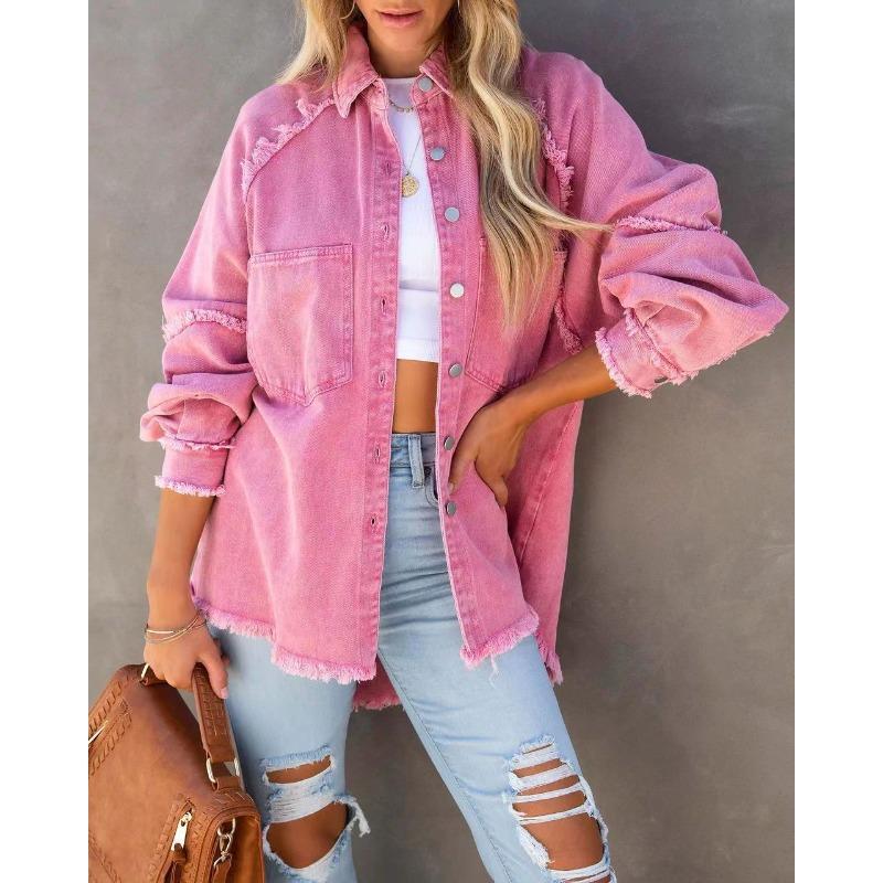 Autumn Long-sleeved Denim Jacket Women's Washed Rough Edge Medium and Long Loose Jacket