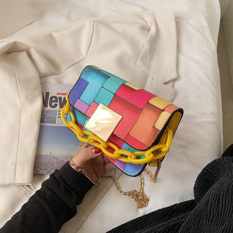 Women's Vintage Portable HandBag Versatile Single Shoulder Slant Across Bag Female Contrast Color Small Square Chain Bag