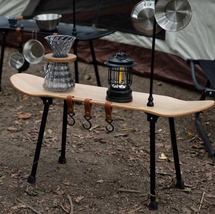 Skateboard-Style Portable Solid Wood Folding Table for Camping and Outdoor Use
