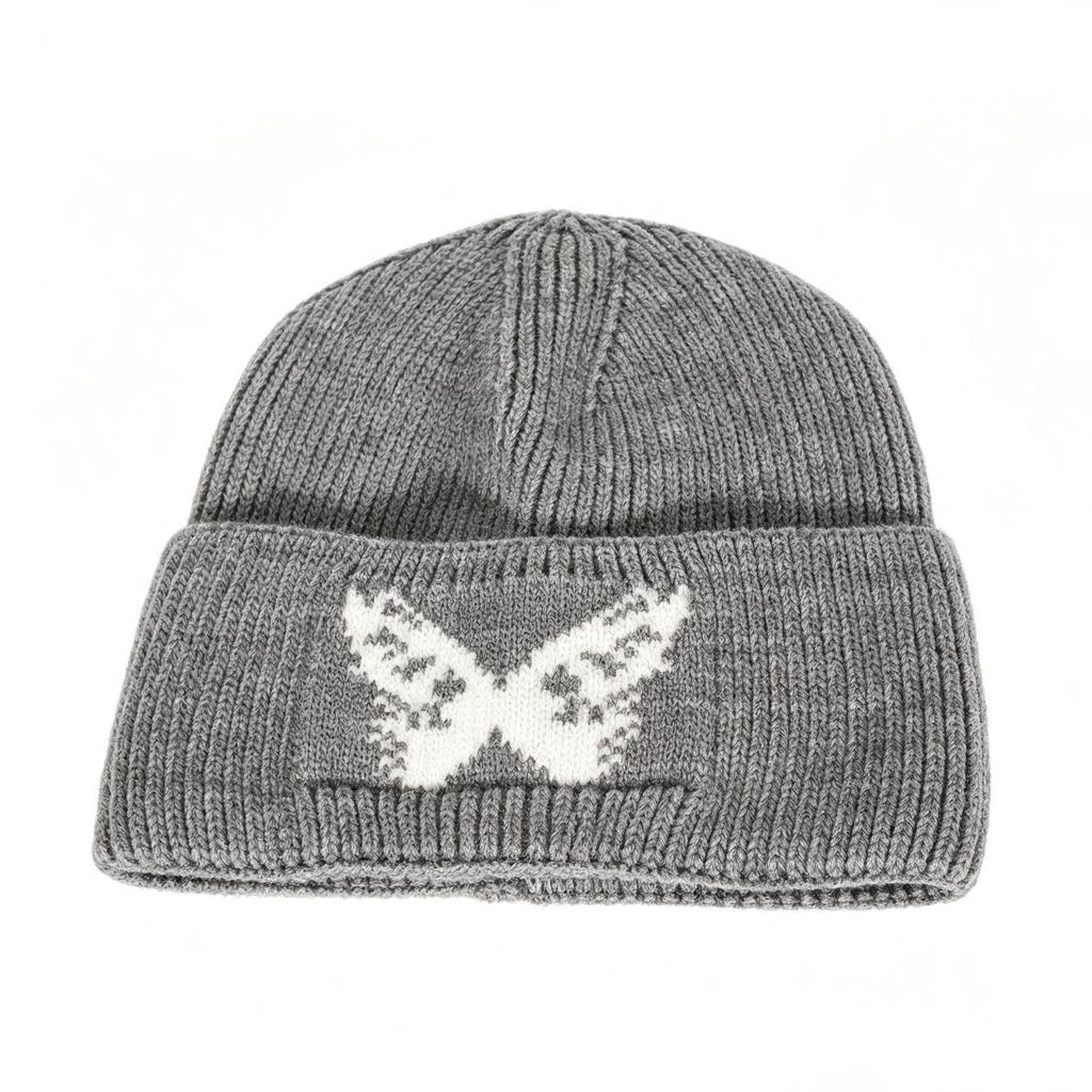 Autumn and winter butterfly jacquard big head circumference knitted hat women's retro warm wool hat street hipster curling edge cold hat
