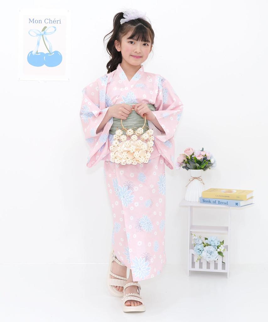 Bee Yukata Set for Easy to Separate Perfect for Festivals and Fireworks Dusky Pink with Chrysanthemum Design 3-Piece Girls, Summer, Wear, Style,