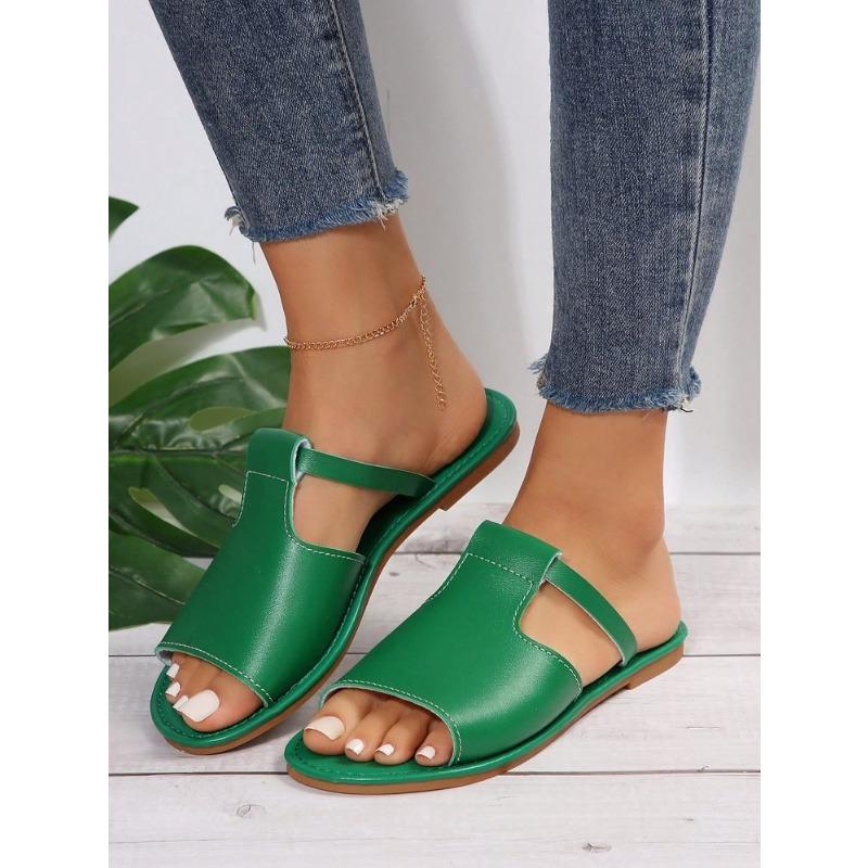 Foreign trade large size women's flat bottom cool slippers spring and summer new hollow design solid color fish mouth women's shoes