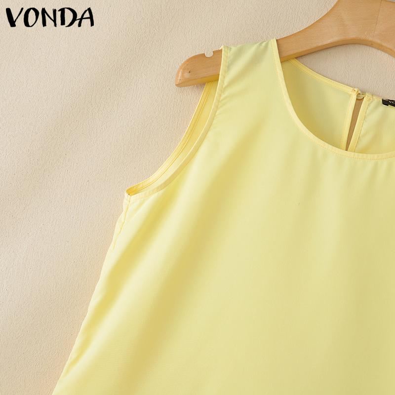 VONDA Women Summer Sleeveless Solid Color Casual Pleated Tank Tops