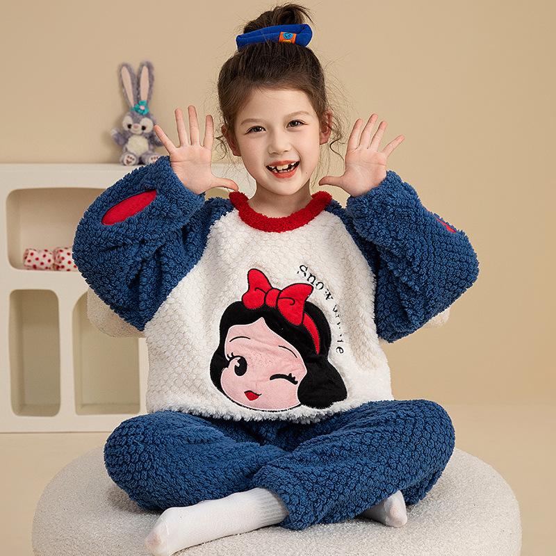 Kids Flannel Pajamas Set Boys Girls Warm Long Sleeve Top And Pants Sleepwear Winter Home Nightwear