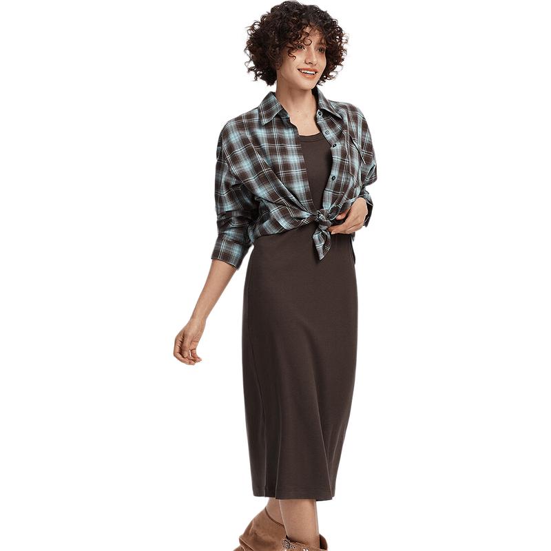 Semir Women's Plaid Shirt & U-Neck Vest Dress 2-Piece Set