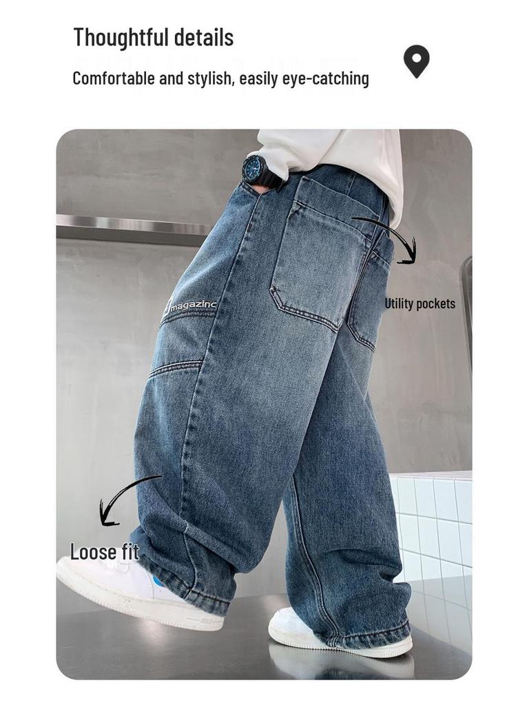 2025 New Boys' Loose Wide-Leg Denim Pants - Stylish and Comfortable for Teens