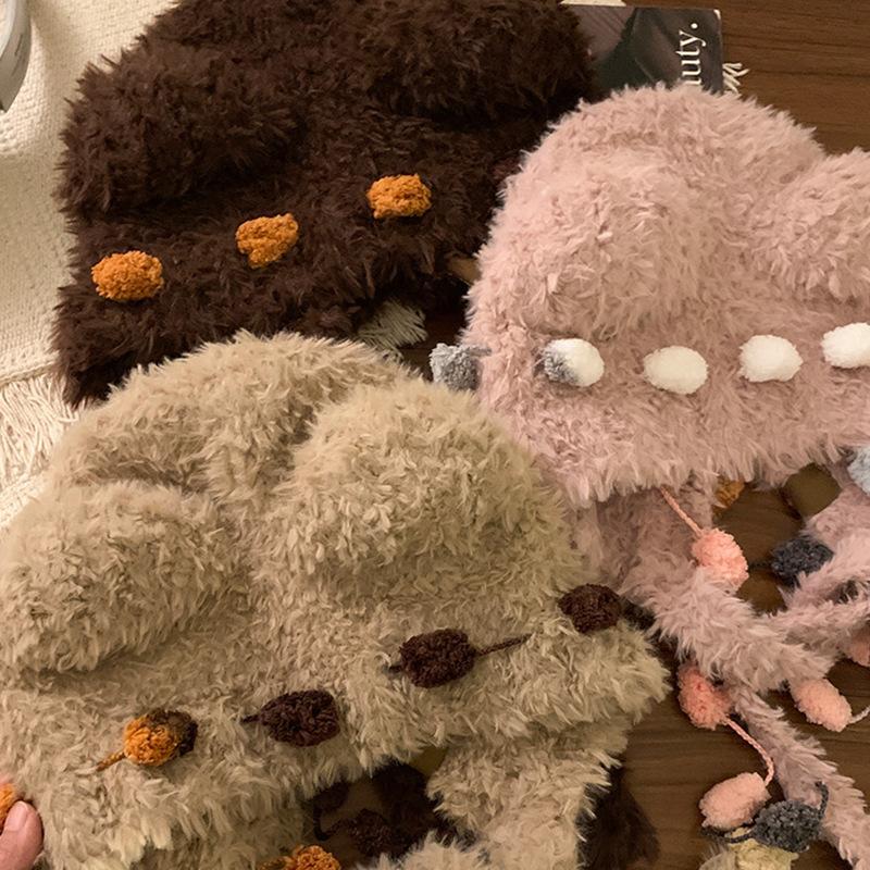 Bear Ears Plush Knitted Hat Female Winter Cute Face Small Warm Ear Protection Wool Hat Cold Lei Feng Hat