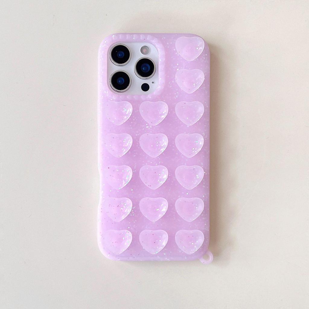 Heart-Shaped Glitter Phone Case with Suction Cup for Apple 17 PROMAX, Trendy 16ins Style 14PRO, Creative 15 Semi-Transparent