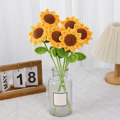 10Pcs Crochet Sunflower with Leaves Handmade Knitting Yarn Flower Decoration Home Office Table Centerpiece Mother's Day Birthday Christmas Gift