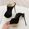Fashion Liyke Runway Women Sexy 16CM Stiletto Slippers Metal Rivets Design Sandal Summer Platform High Heels Party Stripper Shoes Black