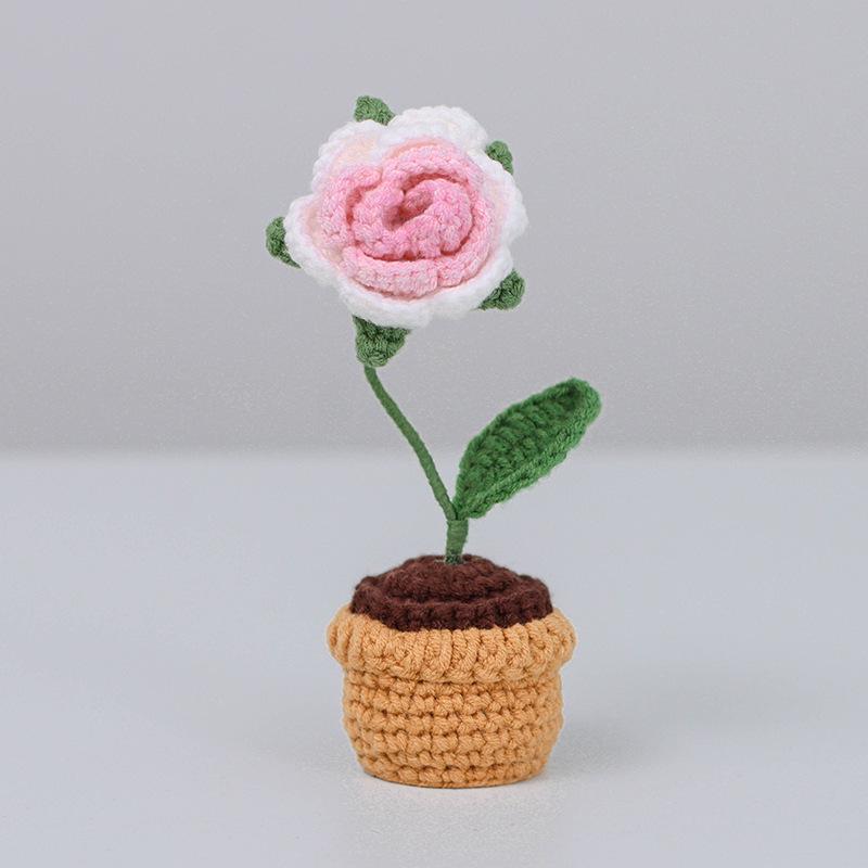 Crocheted Wool Flowers in Pots - Everlasting Indoor Ornaments for Car or Home