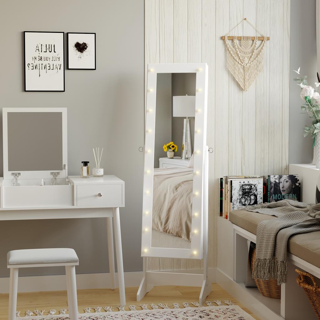 Jewelry Mirror Cabinet with 20 LED Lights Reclining Jewelry Cabinet with Storage for Rings Earrings Necklaces 40x37x146 Cm White