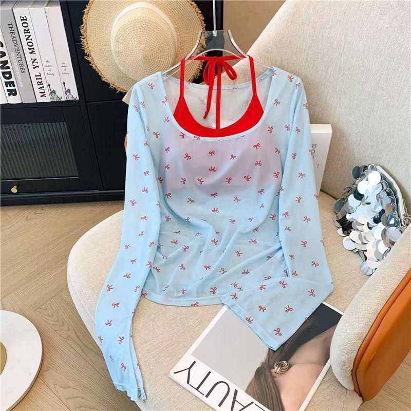 

Dopamine Bow Print Long Sleeve Knit Two-Piece Set with Sun Protection for Women - Chic, Slimming Spring/Summer Top M [Recommended 35-45 kg]