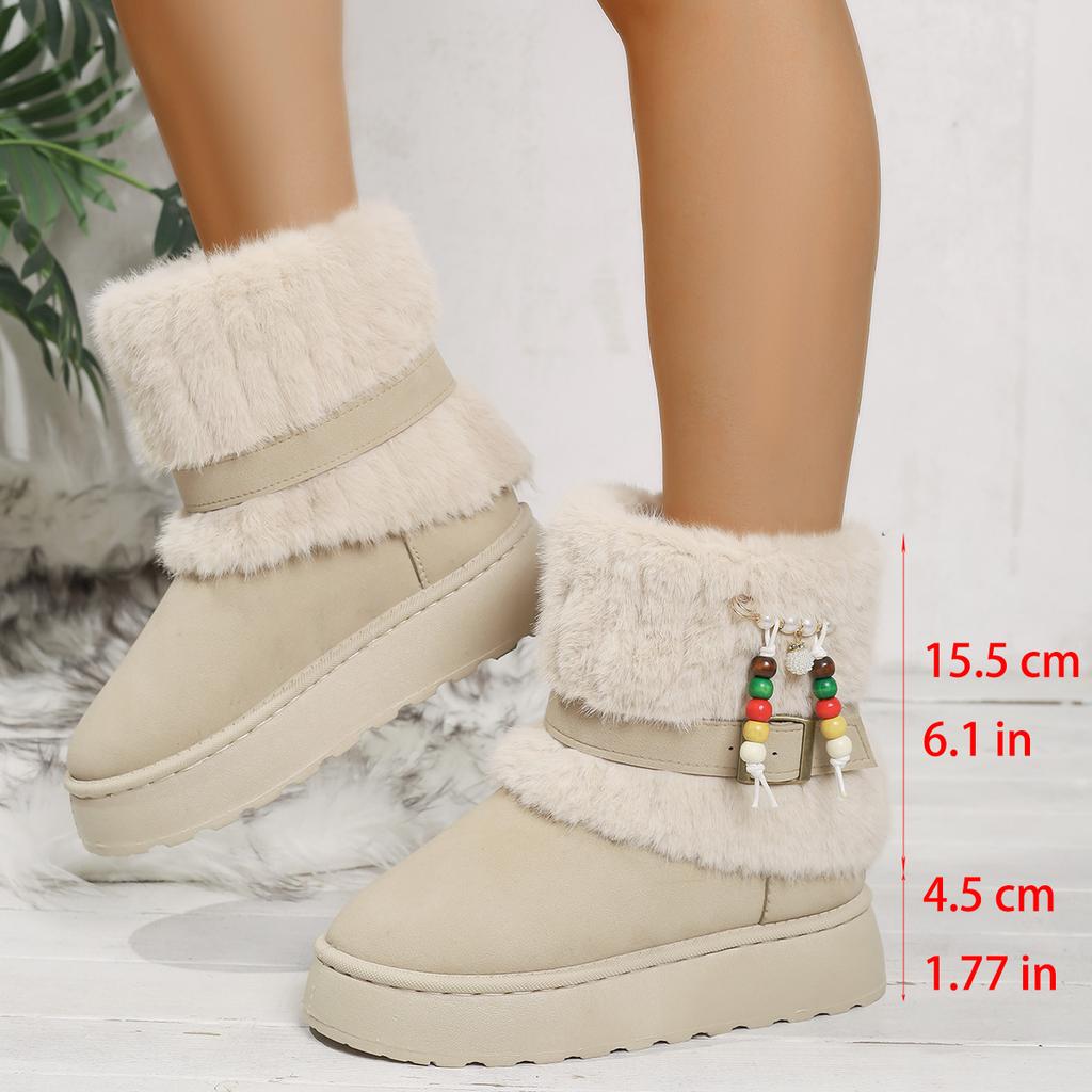 Round head velvet thick-soled warm snow boots wish2025 winter large size beaded wool thickened cotton shoes women