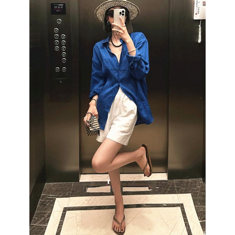 Blue Loose Long Sleeve Thin Versatile Casual Linen Shirt Cardigan Outerwear