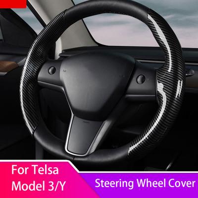 Pentru Tesla Model 3 Model Y 2017-2023 Capac volan din piele intoarsa Fibră de carbon Ferulă antiderapantă Decorare interioară