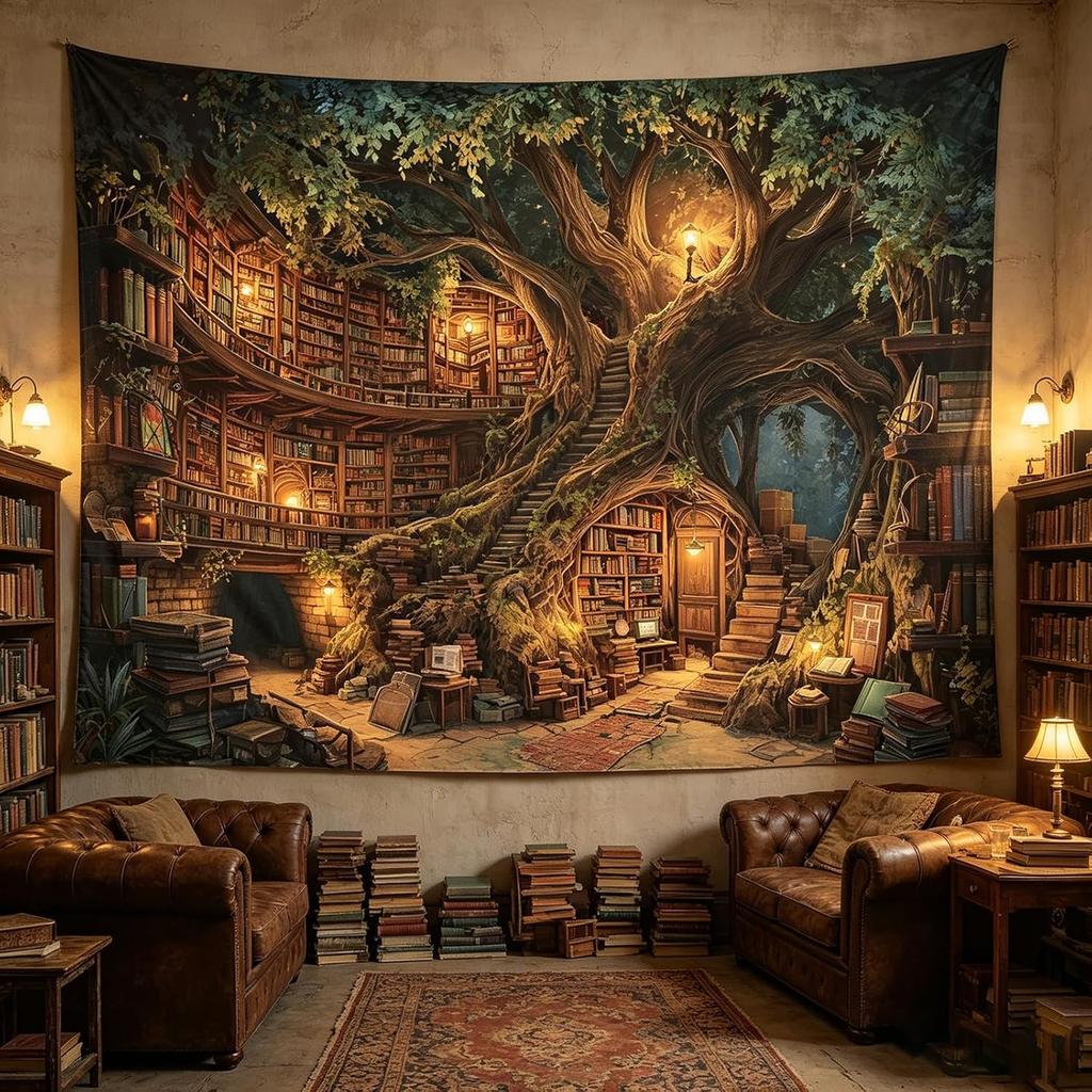 Imaginative tapestry with motifs of old trees and libraries tree root house books stairs warm lamp wall hanging beautiful fabric