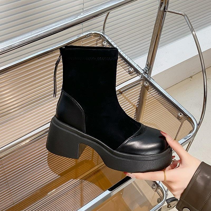 

Soft leather thick-soled thin boots Spring and autumn single boots Spring new black short boots Short thick heel Martin boots 35 чёрный
