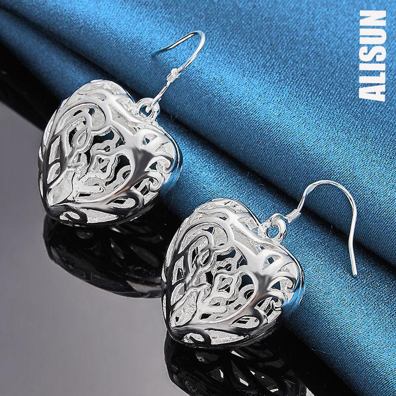 925 Srebrne kolczyki w kształcie serca z geometrycznym wzorem Hollow Piercing Modna biżuteria ślubna