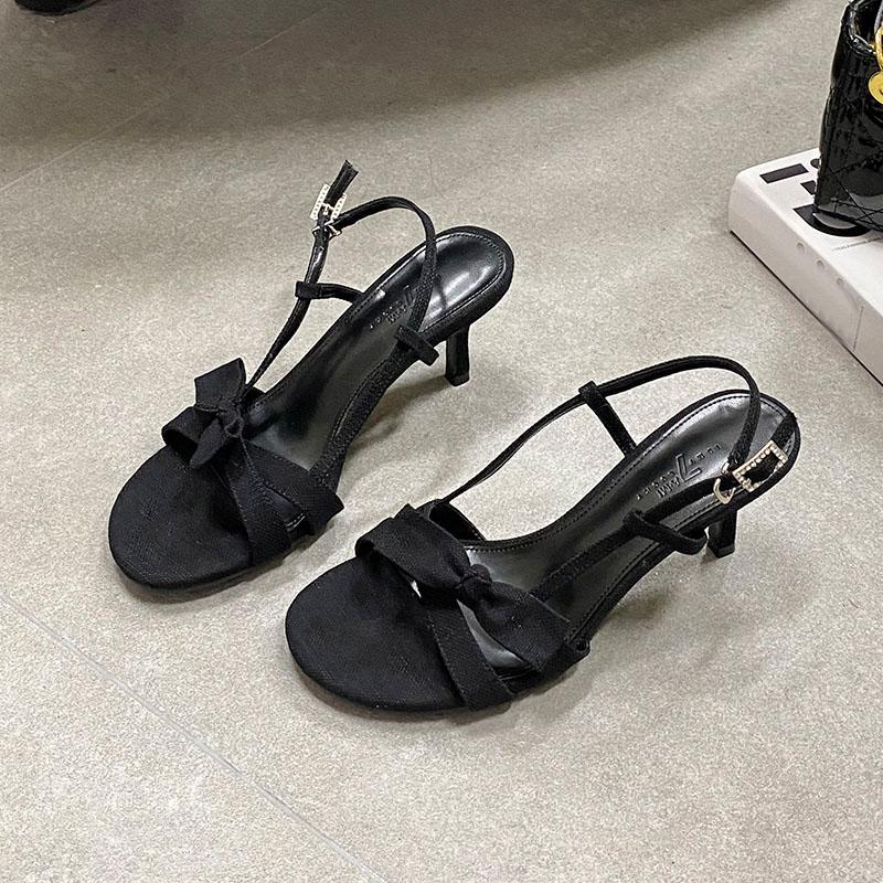 Fashion Fashion Round Toe Elegant Women Heeled Sandals Shoes Shallow Female Butterfly-Knot Ladies Medium Heels Sandals Shoes Pumps