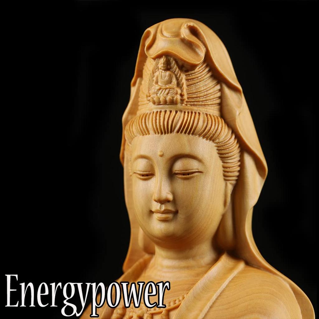 EnergyPower Holzschnitzerei Kannon Bodhisattva Statue, Fein gearbeitet, Hochwertig, Hergestellt aus natürlichem Buchsbaumholz, Buddhistische Kunst, Buchsbaumholz, Kannon Bodhisattva,