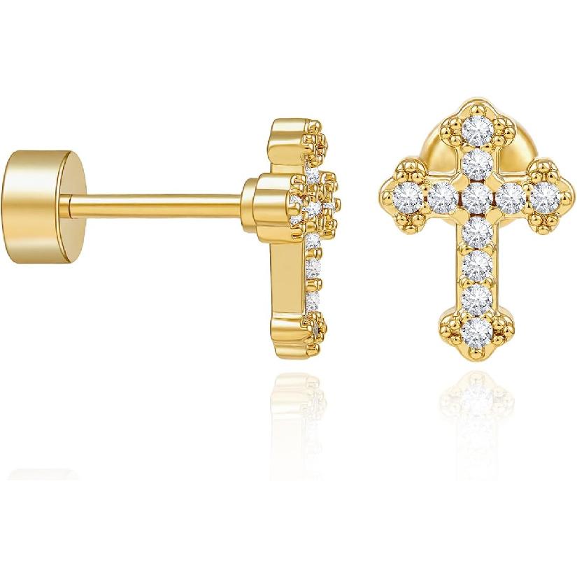 Cicy Bell Womens Flat Back Stud Earrings 18K Gold Plated Hypoallergenic | 316L G23 Surgical Titanium Steel, CZ Stud Jewelry, Tragus Helix Cartilage