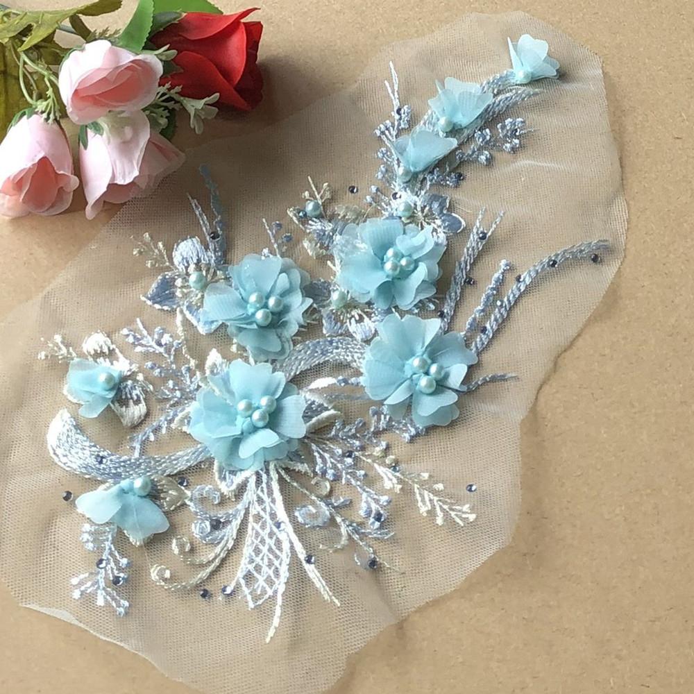 

1 шт. Розовый Голубой 3D Цветок Вышивка бисером Патч Сетка Аппликация Пришить Свадебное Платье Одежда Ремонт Украшение синий