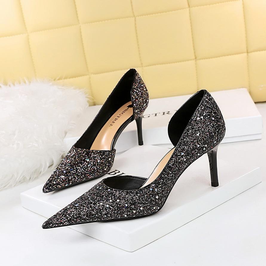 Fashion Women Super High Heels Gold Pumps Sequins Bling Luxury Stiletto Sparkly Party Singles Shoes Cutout Pointed Simplicity 8829-3