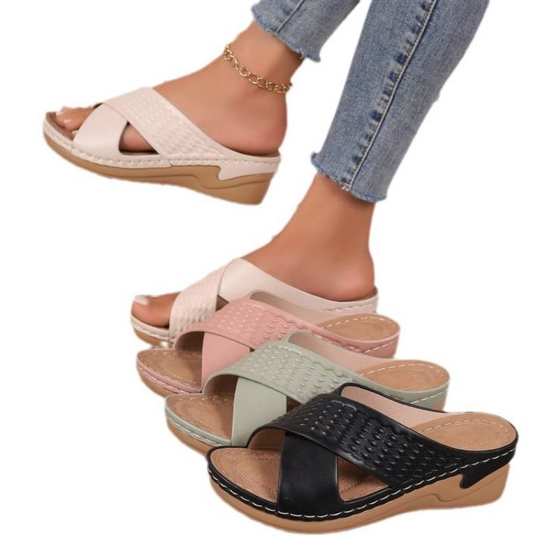 Hollow cross with platform sandals women's Velcro solid color light slope heel beach sandals