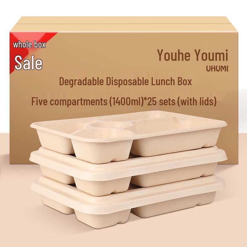 Youheyoumi Biodegradable Disposable 5-Compartment Meal Prep Containers with Lids, 1400ml, 25 Sets