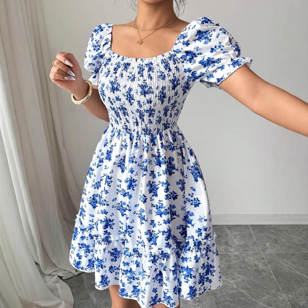 Neues Hosenträger-Tube-Top Taillenkleid Urlaub Bohemian Ballonärmel Floral Europa und Amerika