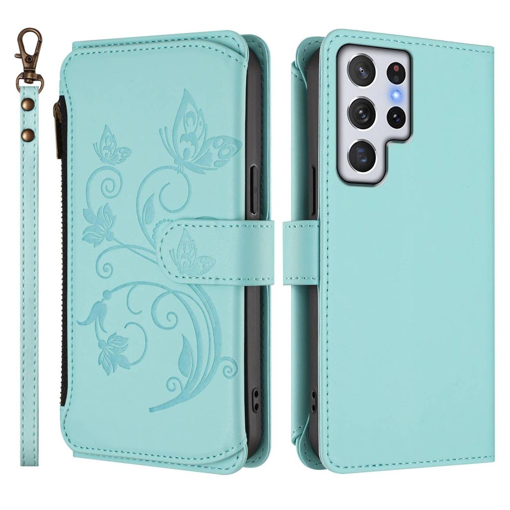 For Samsung Galaxy S23 S22 S21 S20 Ultra S10 Plus Case, Flower Wallet Flip Case RFID Blocking, Zipper, Card Slots, Wrist Strap