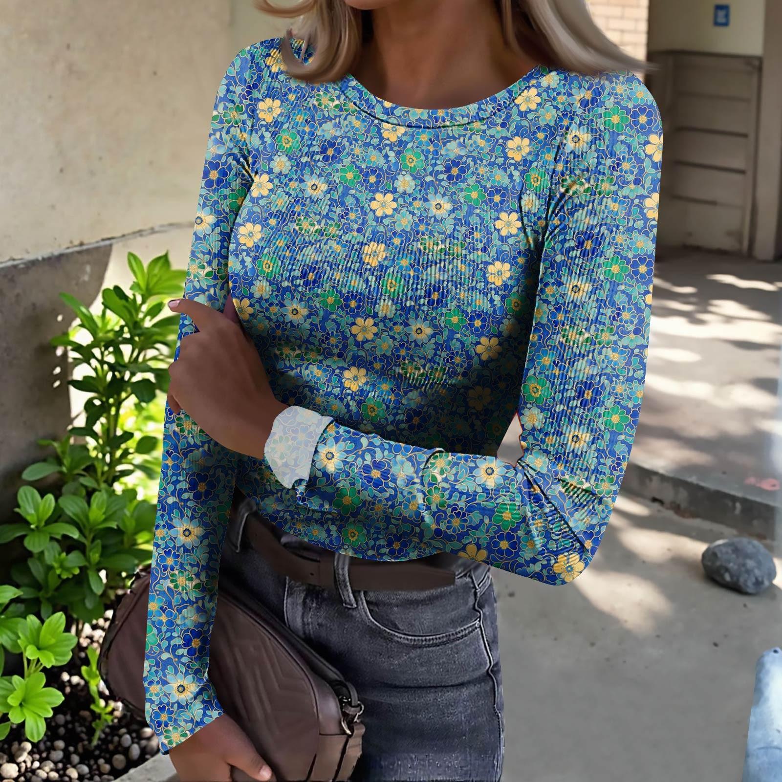 

Женская футболка с облегающим низом, модная повседневная с градиентным принтом, пуловер с круглым вырезом и длинными рукавами S