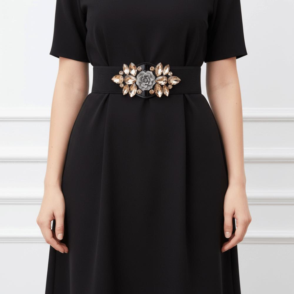 Wide Elastic Cummerbunds Rose Flower Rhinestone Waist Belt Personality Women Waistband  Sweater