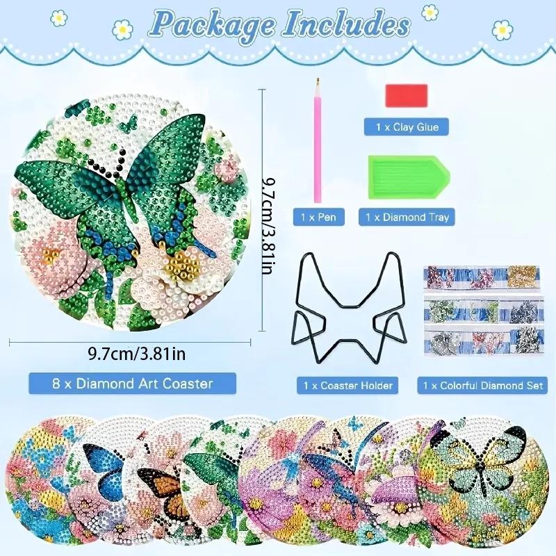 8 Pieces/set of Diamond Butterfly Patterned Coasters, DIY Coasters with Holder, Suitable for Beginners and Adults, Art and Craft Supplies Gifts