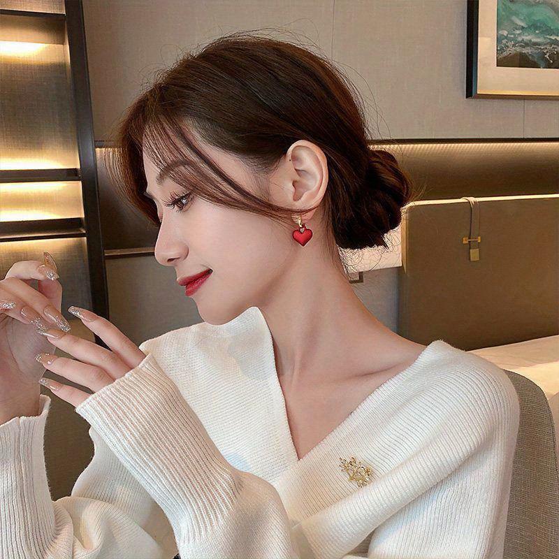 Red Heart Dropper Earrings For Women Versatile In All Seasons Suitable For Daily Wedding Occasions Style