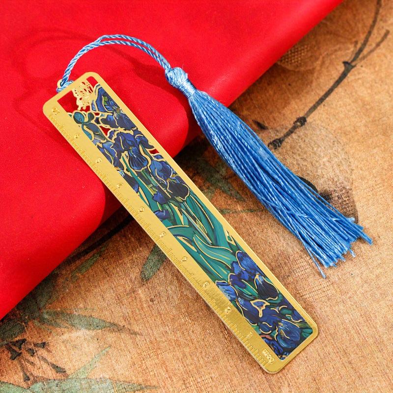6PCS/SET Retro Oil Painting Metal Hollow Flower Bookmark - Students Literary Brass Ruler Bookmark School Holiday Gift