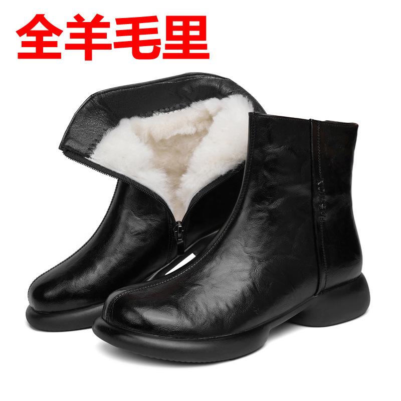 Winter thickened full wool warm velvet low heel cotton shoes short boots women's leather cotton shoes women's large size cotton shoes