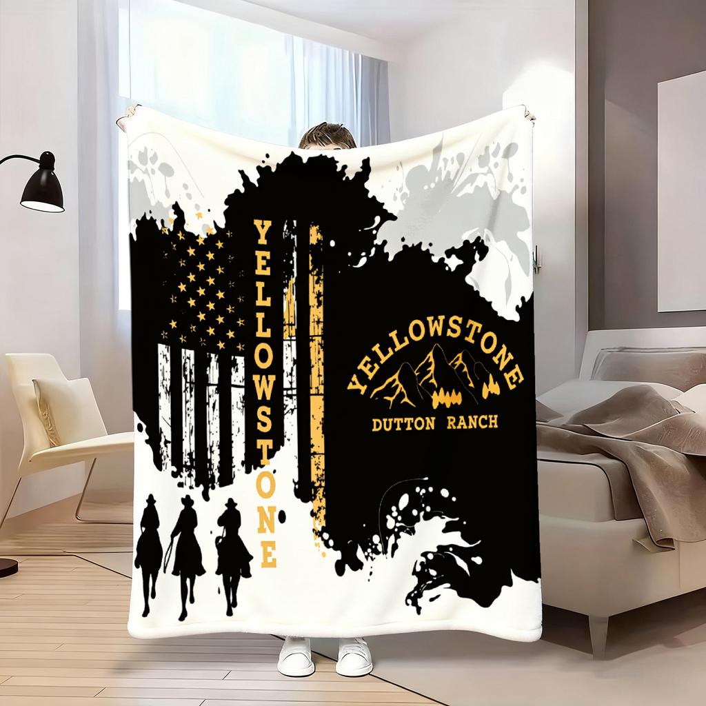Yellowstone Dutton Ranch Flag Silhouette Flannel Blanket, Soft Warm Mountain Design for Sofa Bed Office Shawl Camping