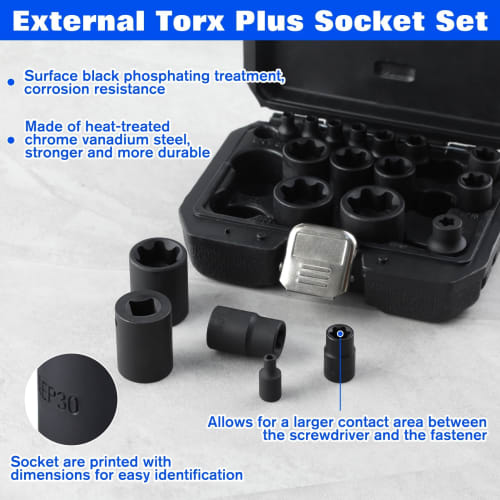 SPEEDWOX External Torque Socket Set, Star Wrench, E-Socket, Star Socket Set, 1/4", 3/8", 1/2" with Storage Box, 19-Piece Set, EP4, EP5, EP6, EP7, EP8,