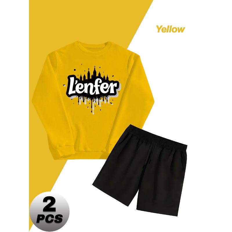 Crew Neck Sweatshirt 2 Piece Set Men s Polyester Elastic Waist Shorts Breathable Lightweight Casual S