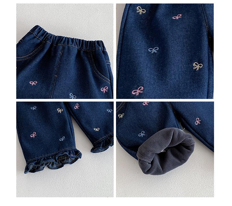 Girls' Winter Fleece-Lined Jeans with Bow and Lace Design