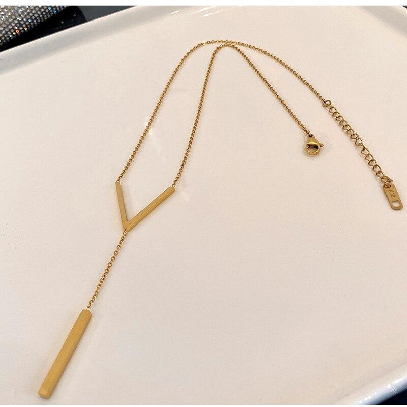 1PC Gold-color Stainless Steel Long Bar Tassel Paragraph V Shaped Collarbone Necklace Female Holiday Party Minimalist Style