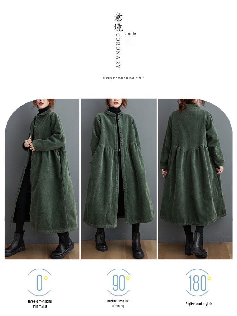 In Stock: Women's Korean Style Plus Velvet Corduroy Trench Coat - Thickened, Long Sleeve, Single-Breasted, 2025 Winter Edition.