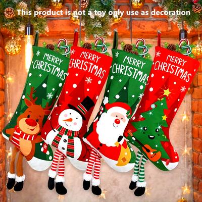 4pcs Set of Charming Christmas Stockings with Santa, Snowman Reindeer Designs Long Legged Holiday Decor for Tree, Perfect for Home  Party