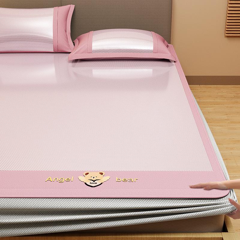 Machine Washable 3-Piece Ice Silk Cooling Mat Set with 2 Pillowcases, Breathable Summer Bed Sheet for Home Dorm, Soft Fitted Sheet