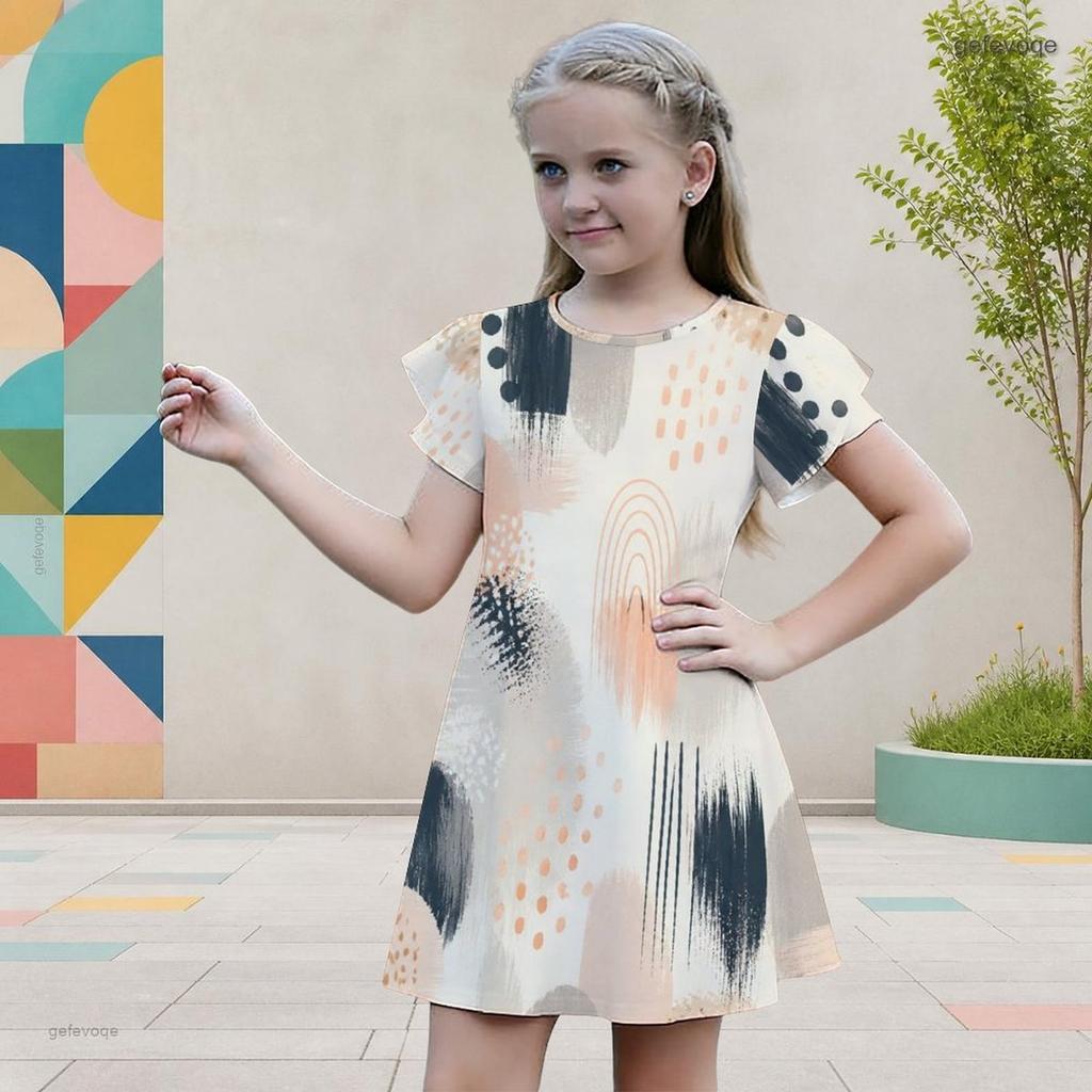 Little Girls Round Neck Flutter Sleeve Leaf Printed A Line Flared Dress
